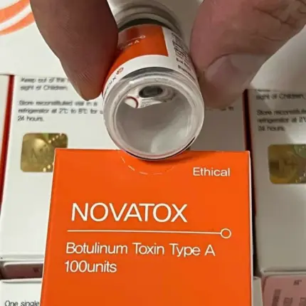 Lyophilized sterile powder vial of Novatox 100U prior to normal saline reconstitution